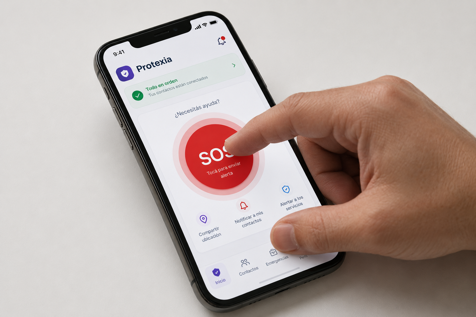 Mockup de la app Protexia con botón SOS